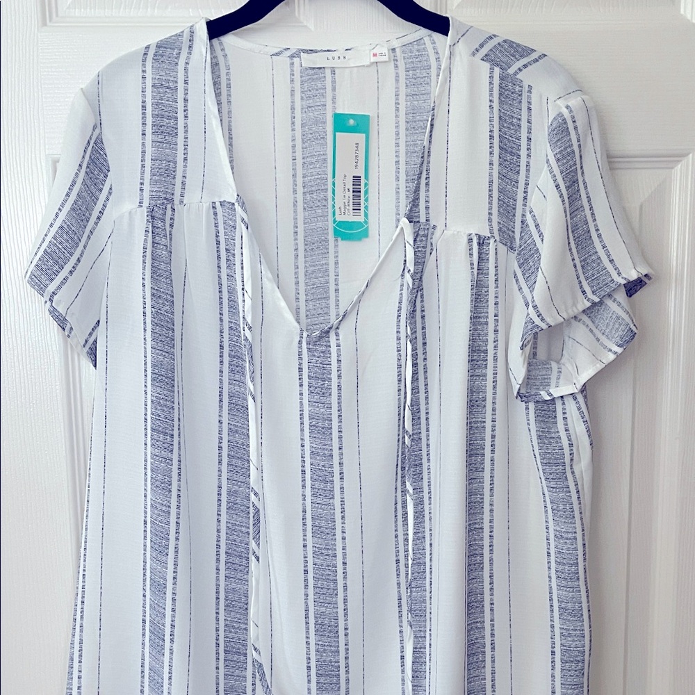 Lush White and Blue Striped V-Neck Blouse